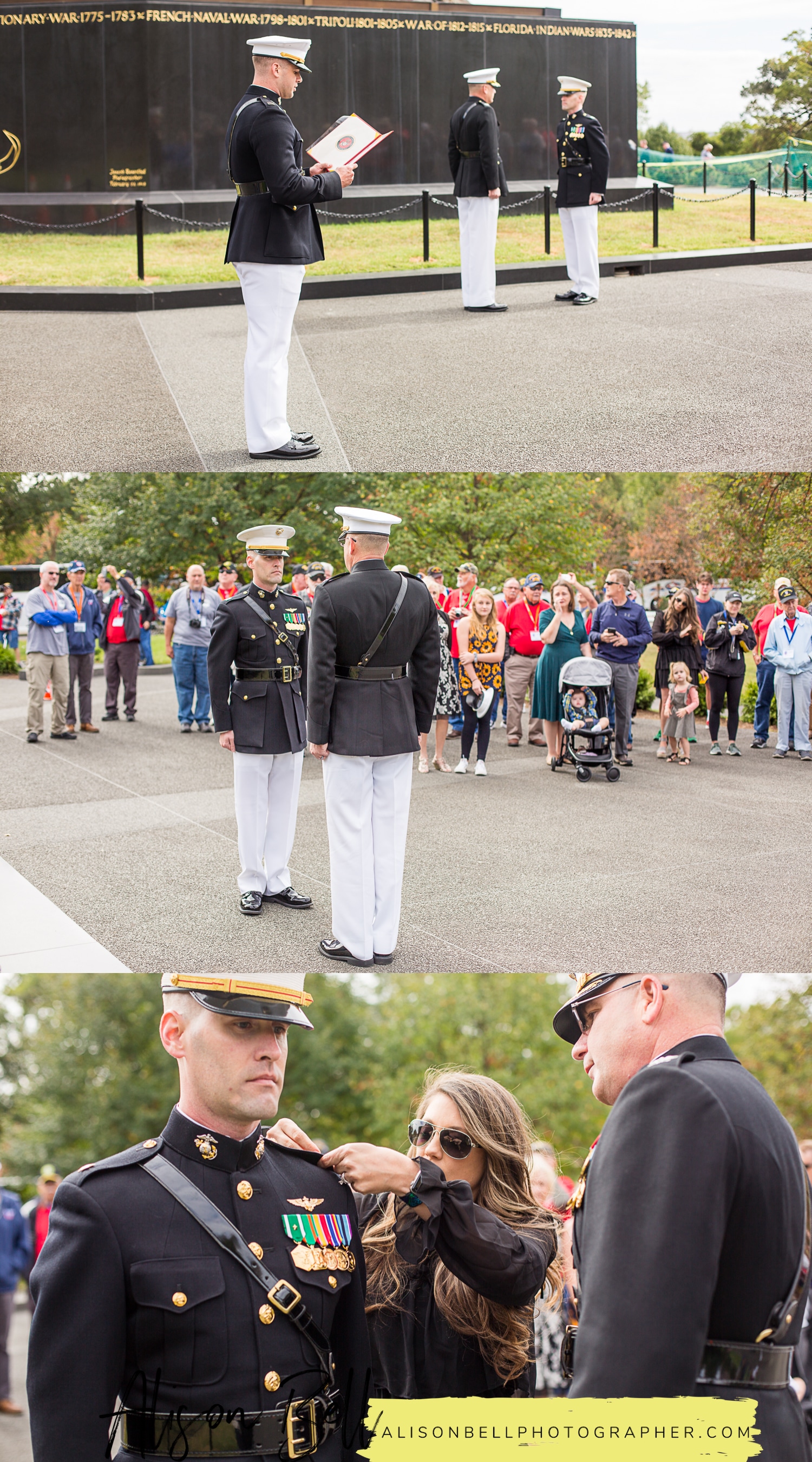Marine Corps Promotion pinning ceremony at US Marine Corps War Memorial Iwo Jima Washington, DC by Alison Bell, Photographer. Military Ceremony photography