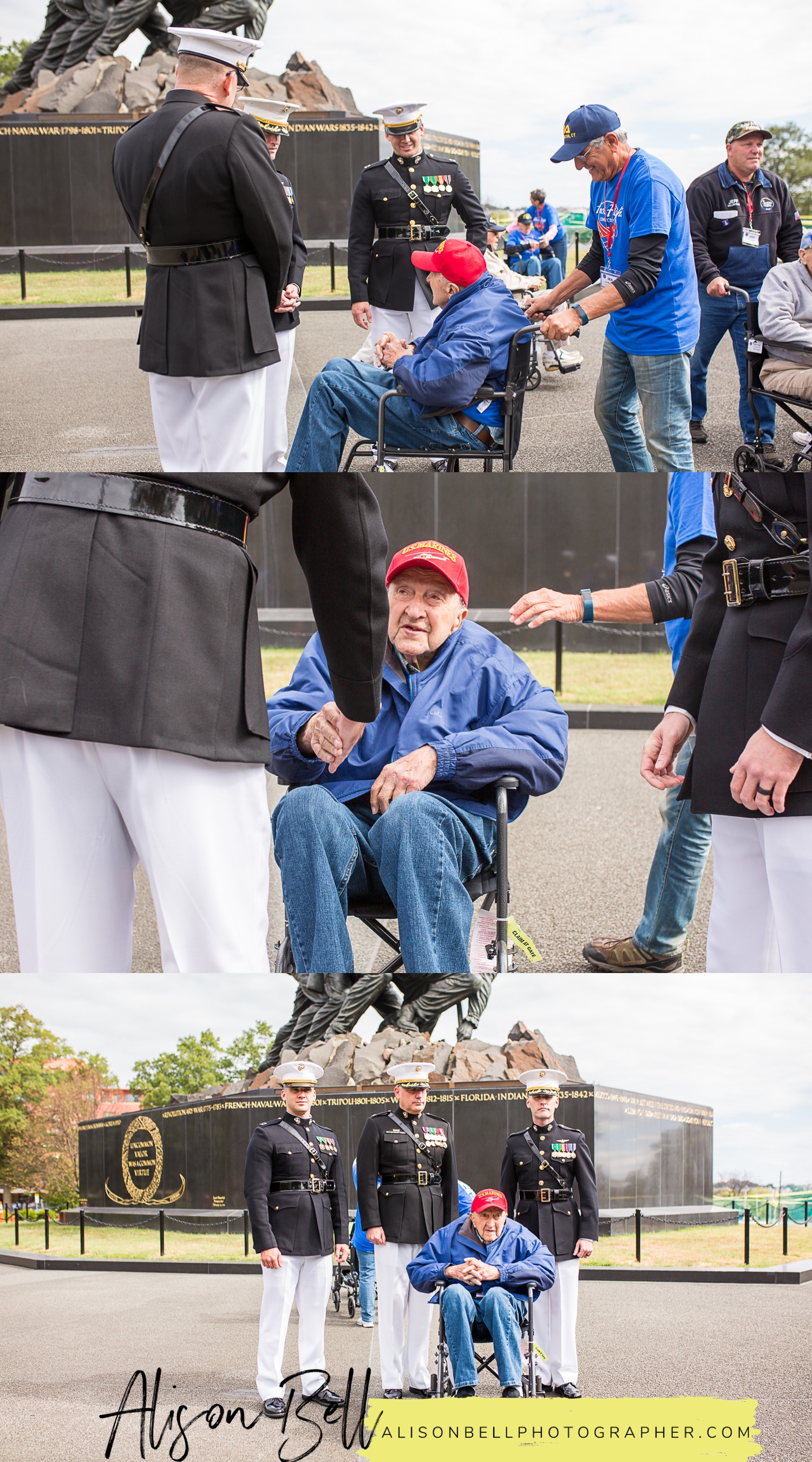 Marine Corps Promotion pinning ceremony at US Marine Corps War Memorial Iwo Jima Washington, DC by Alison Bell, Photographer. Military Ceremony photography