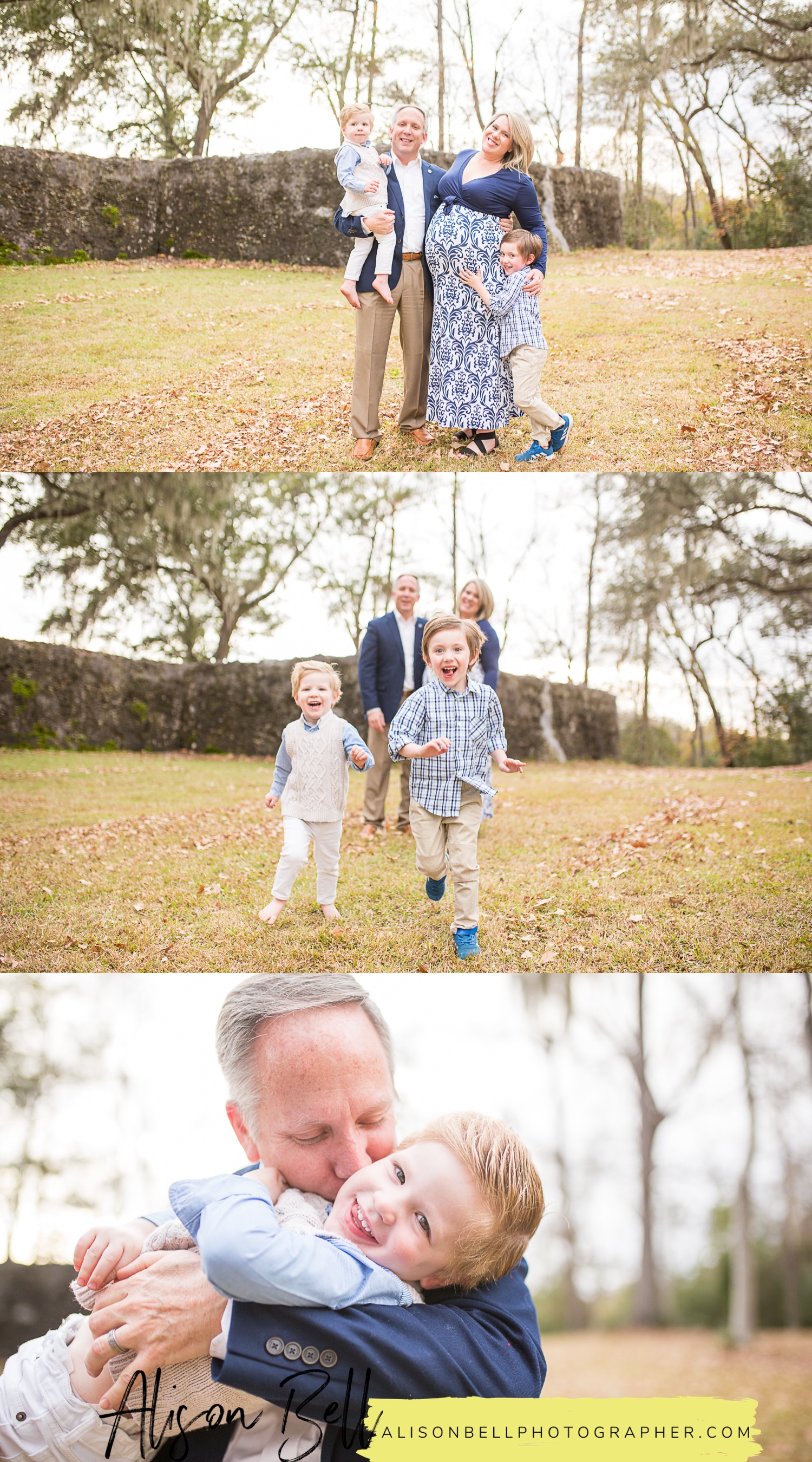 Extended family session with adult children, grandkids, and grandparents at Colonial Dorchester State Park in Charleston, South Carolina by Alison Bell, Photographer