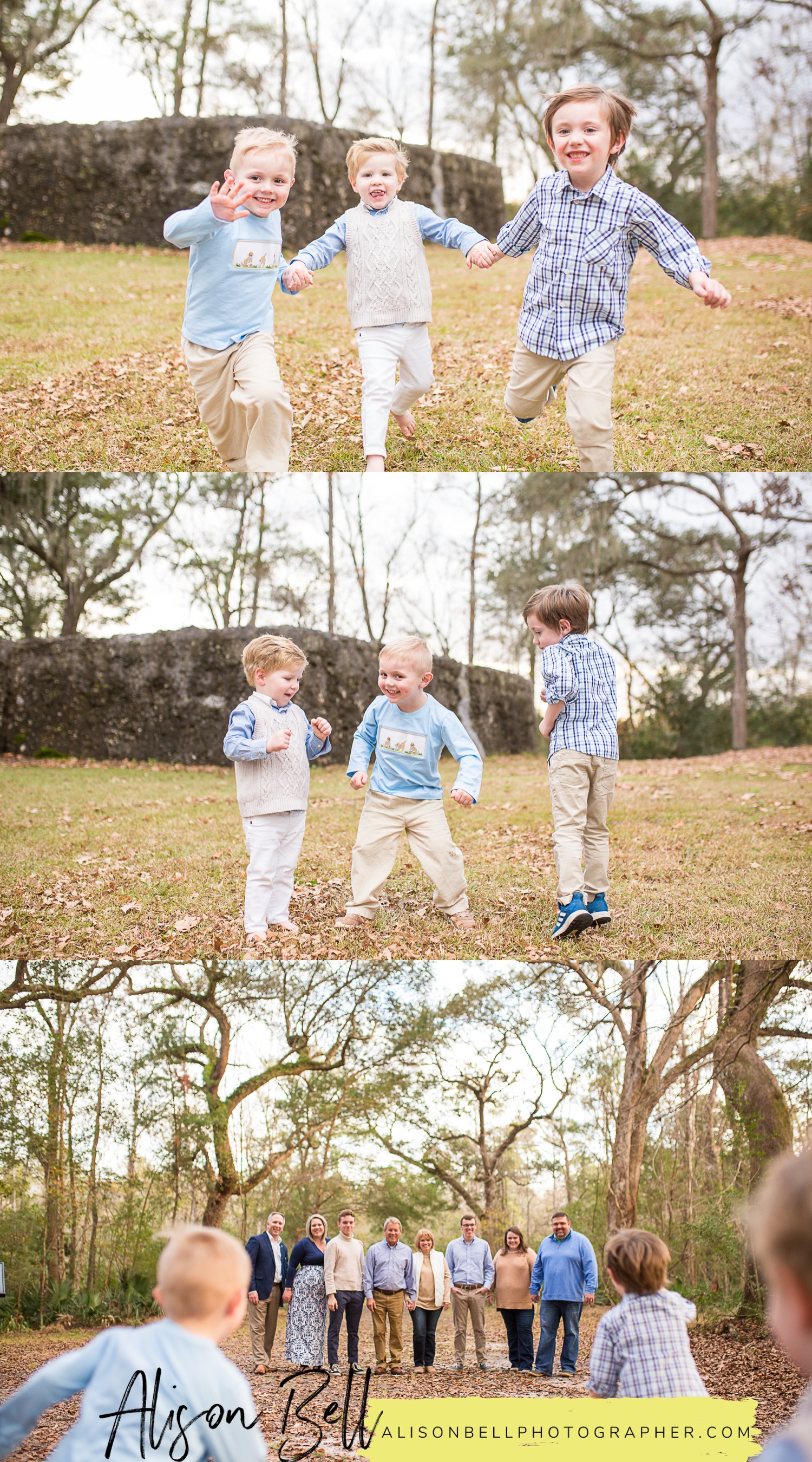 Extended family session with adult children, grandkids, and grandparents at Colonial Dorchester State Park in Charleston, South Carolina by Alison Bell, Photographer