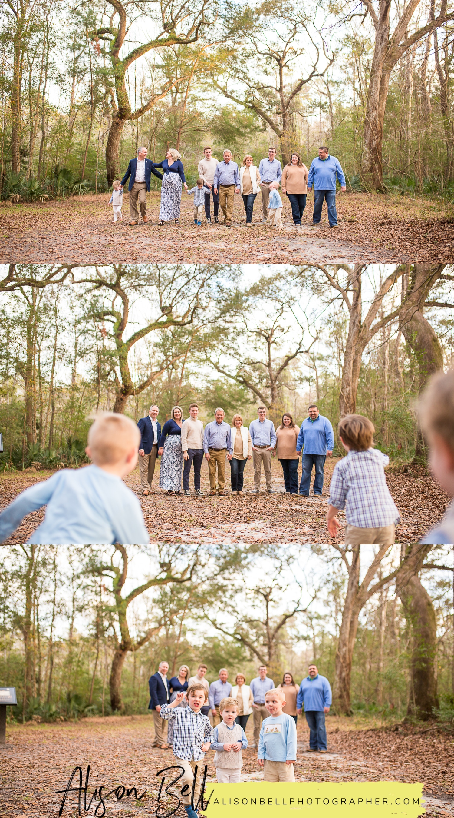 Extended family session with adult children, grandkids, and grandparents at Colonial Dorchester State Park in Charleston, South Carolina by Alison Bell, Photographer