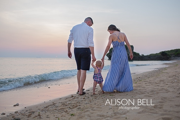 Alison Bell Photographer, toguchi, Okinawa, Japan, family, child, infant, one year, dress, beach, sunset