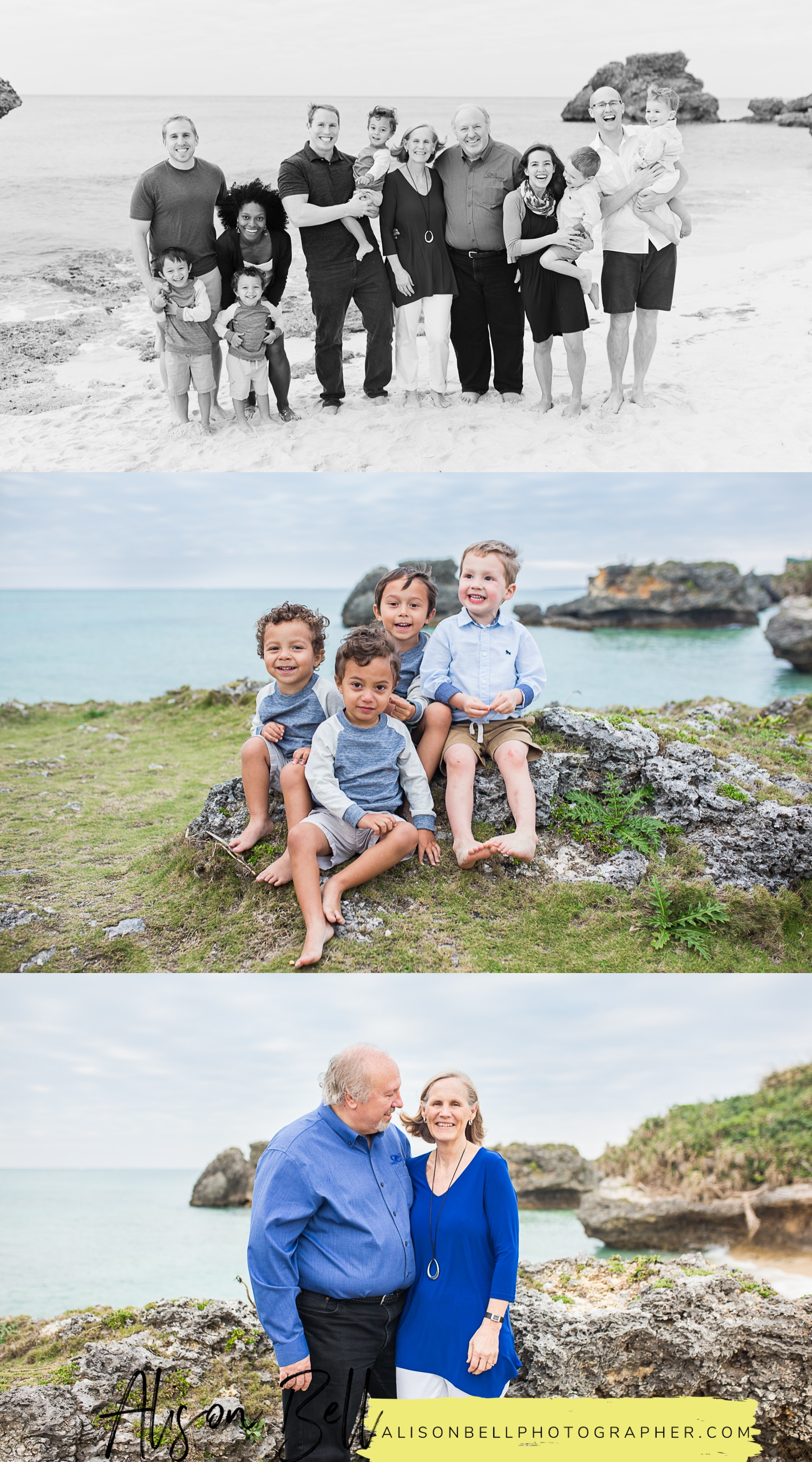 Extended family of 12 on the beach with 5 grandsons in Okinawa Japan by Alison Bell, Photographer