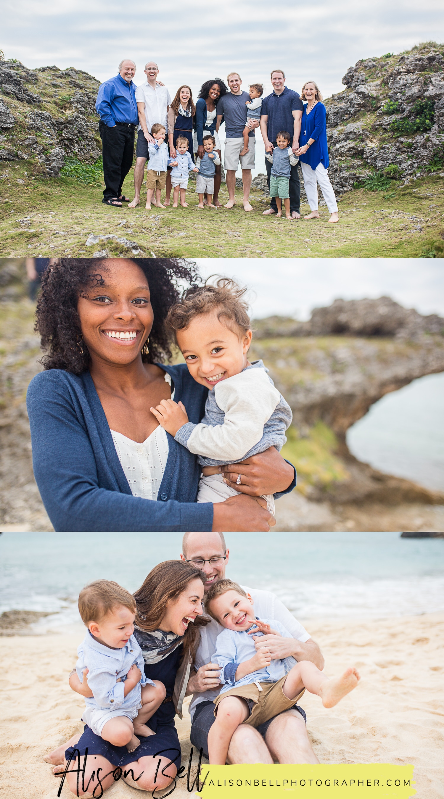 Extended family of 12 on the beach with 5 grandsons in Okinawa Japan by Alison Bell, Photographer