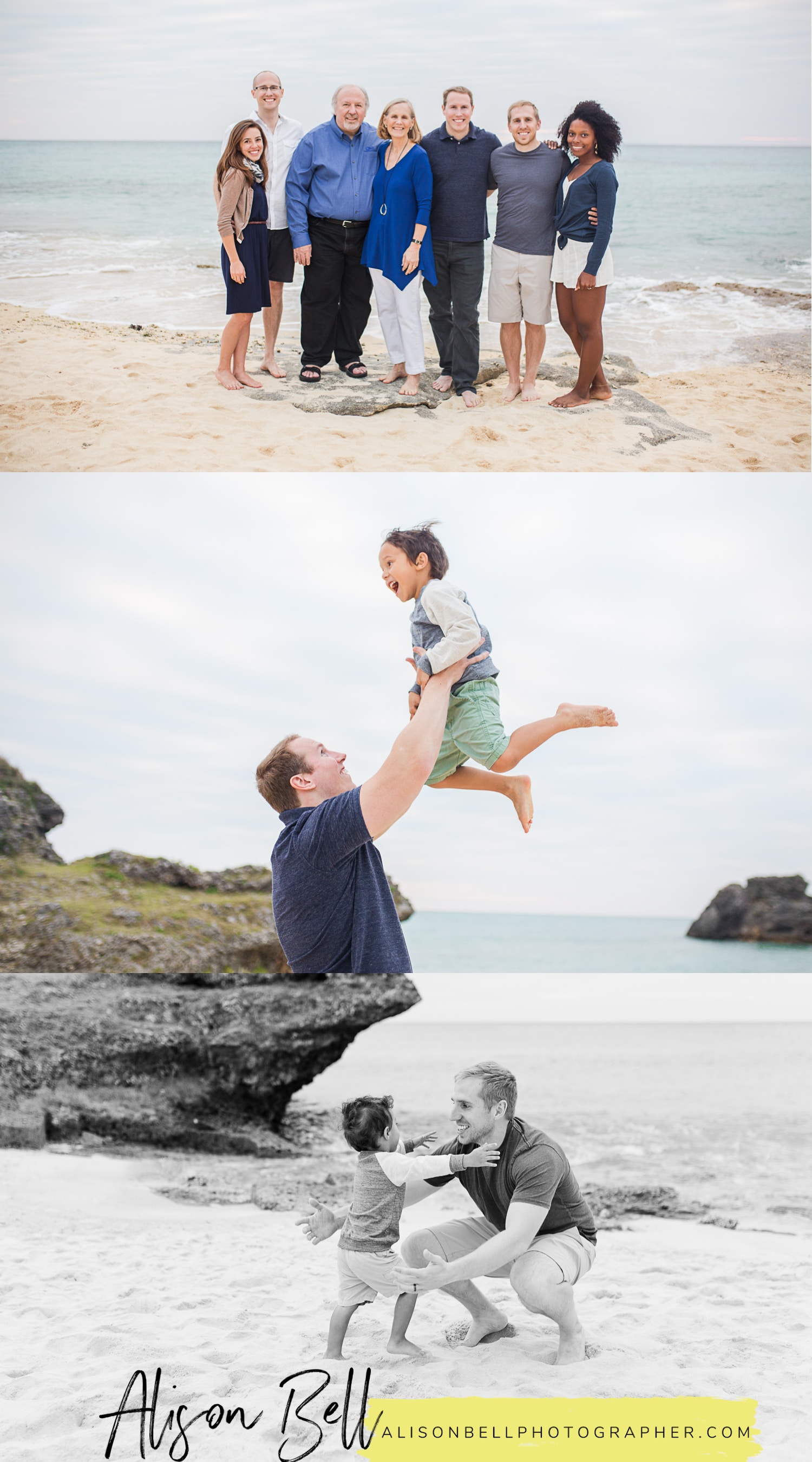Extended family of 12 on the beach with 5 grandsons in Okinawa Japan by Alison Bell, Photographer