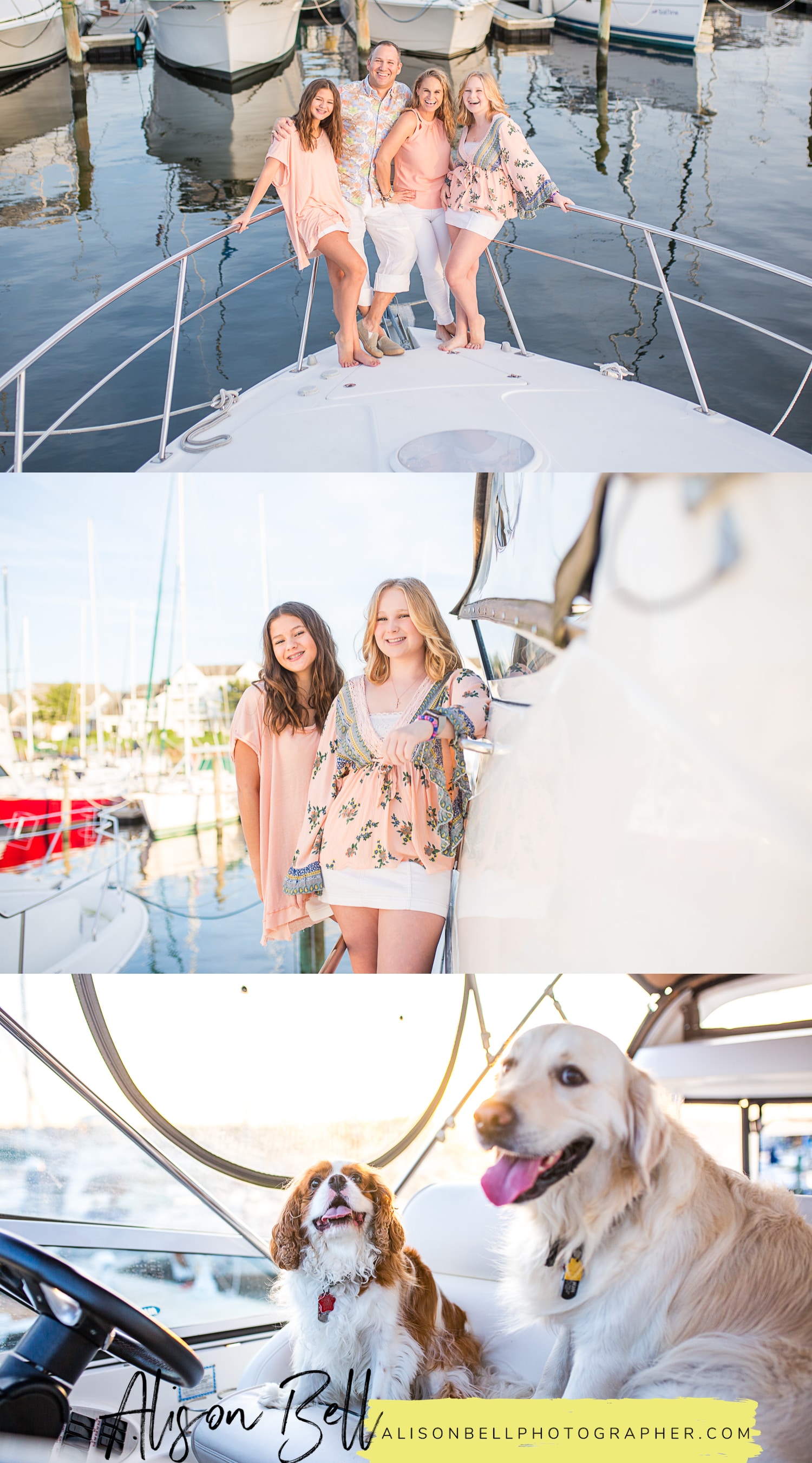 Family photo session on the boat docked in the marina, east beach norfolk