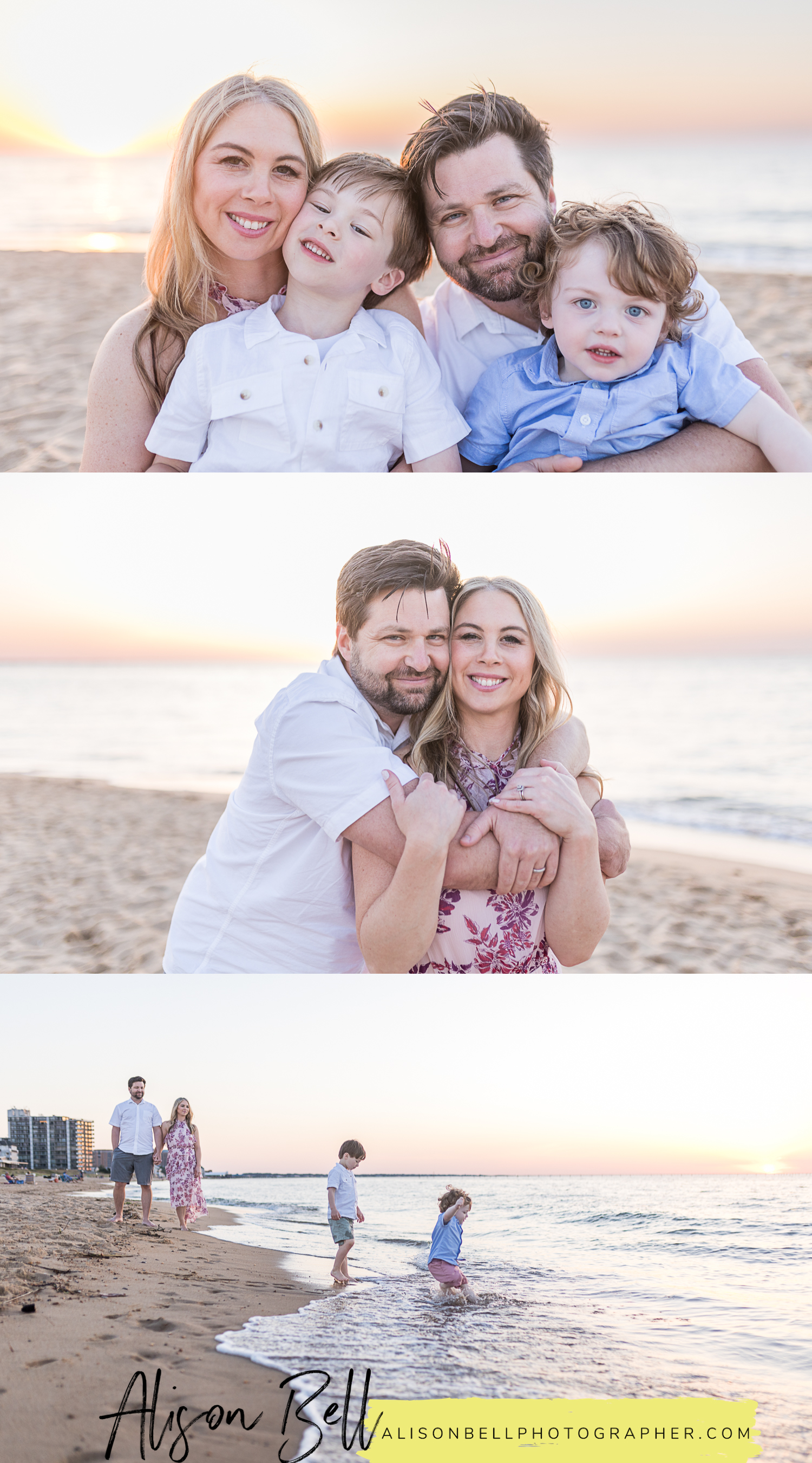 Family photos on the Chesapeake Bay in Viriginia beach. Two boys, family of four