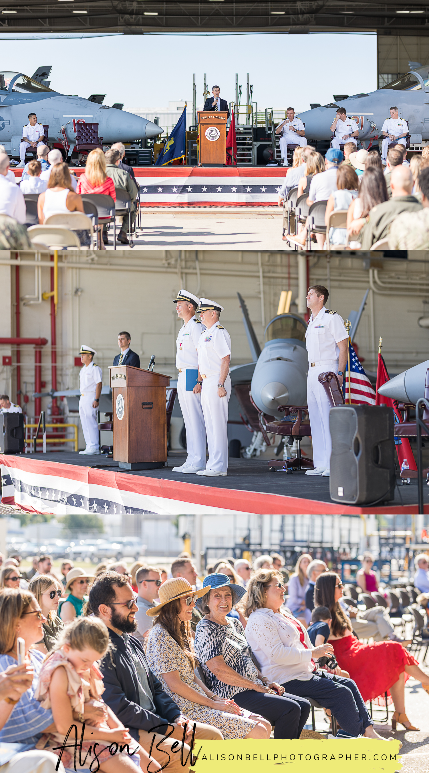 Navy change of command ceremony in a hangar at Naval Air Station Oceana in Virginia Beach, VA